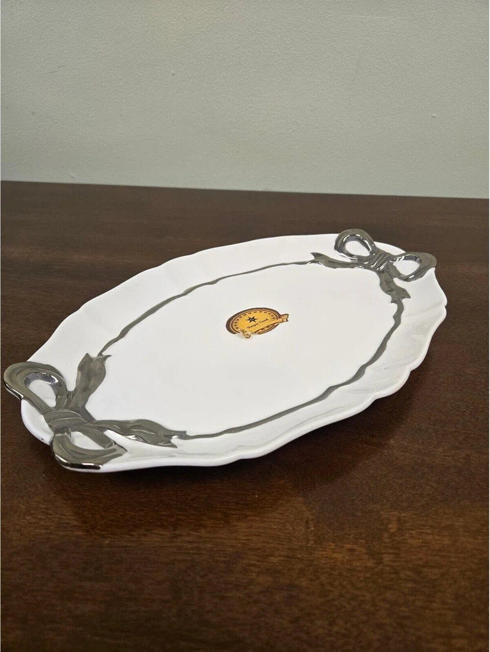 Unique Touch Golden Star White Silver Bow Porcelain Plate & Serving Platter Set